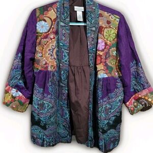 Soft Surroundings Embroidered Wool Open Front Cardigan Size M Blanket Style Boho